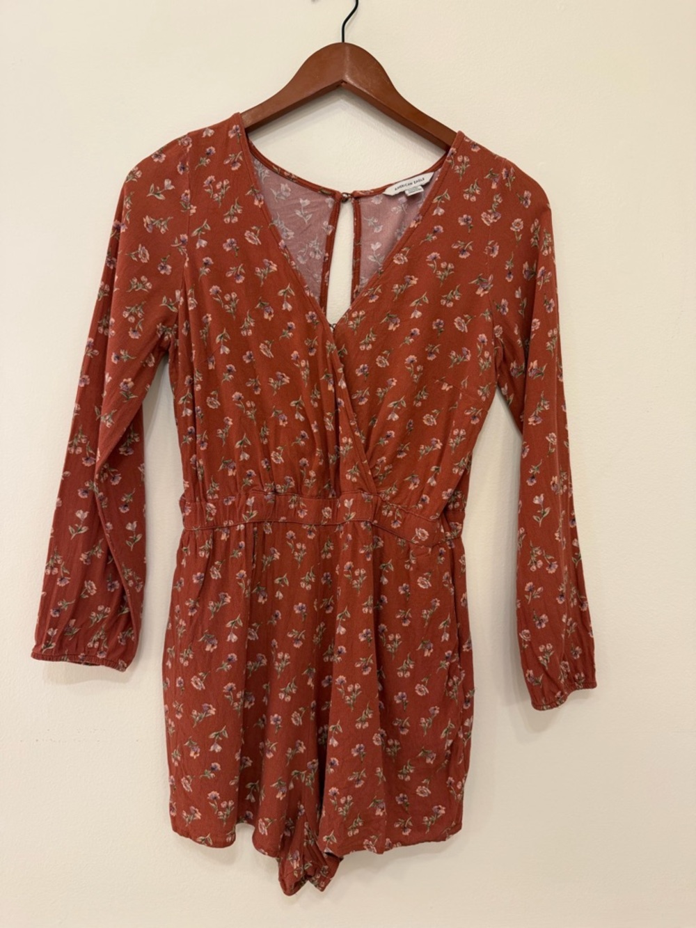 American Eagle Mauve/Brown Long Sleeve Floral Romper - Medium
